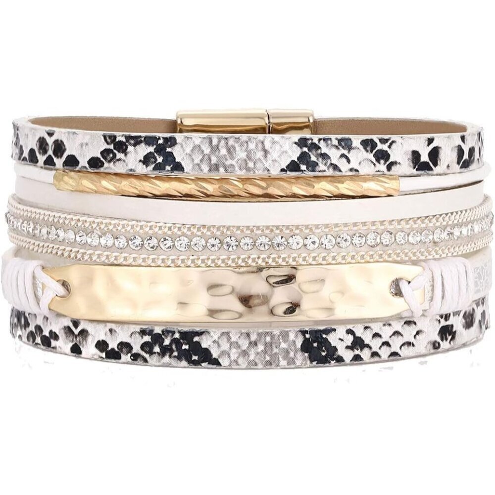 Leather Wrap Bracelet for Women Multi-Layer Leopard Crystal Wide Cuff Jewelry